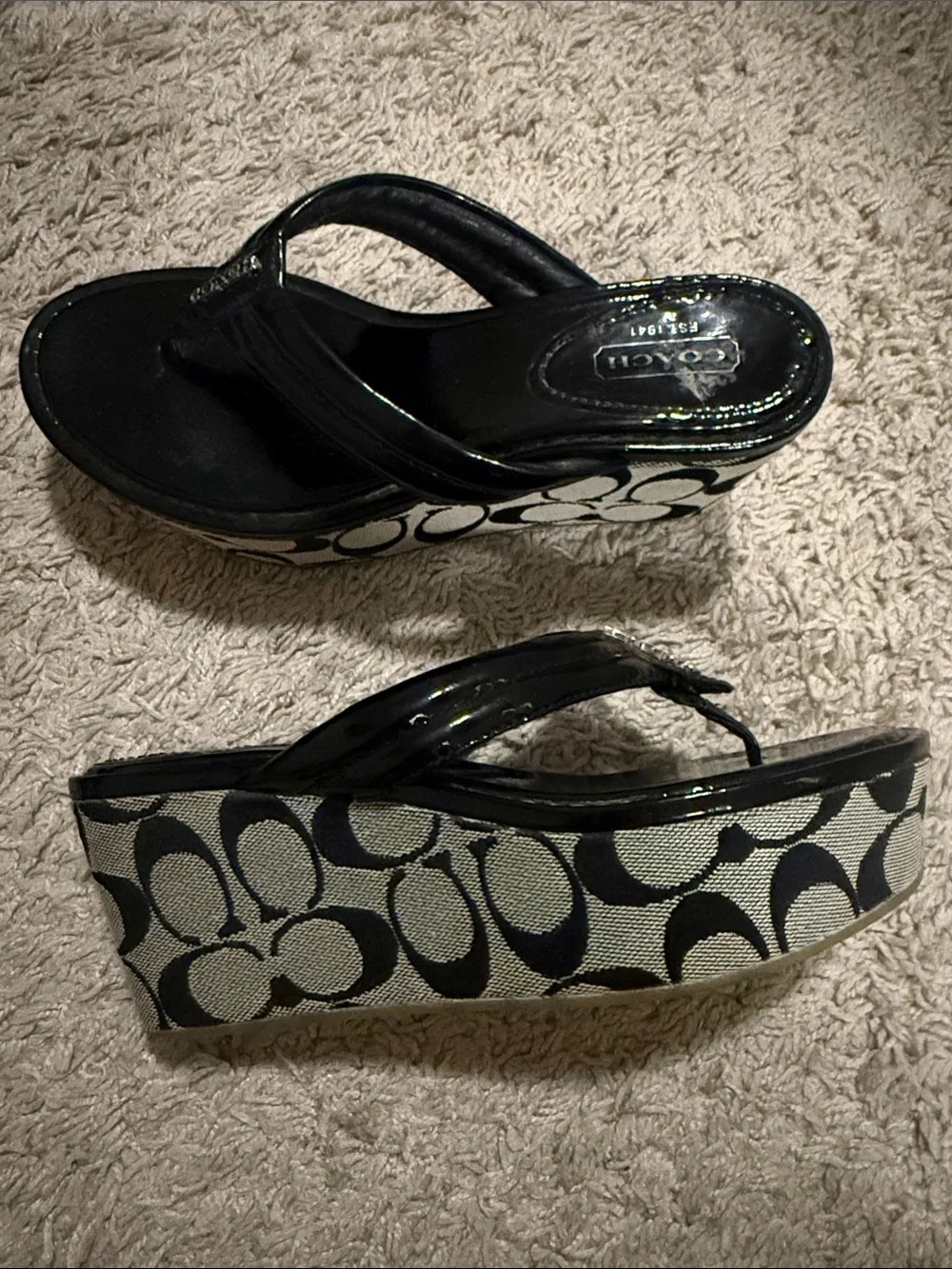 Coach Black Patent Logo Wedge Flip Flops